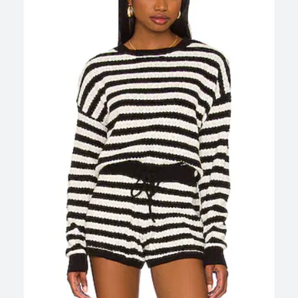 Beach Riot Sweaters - Beach Riot Black White Striped Beach Sweater crew cropped